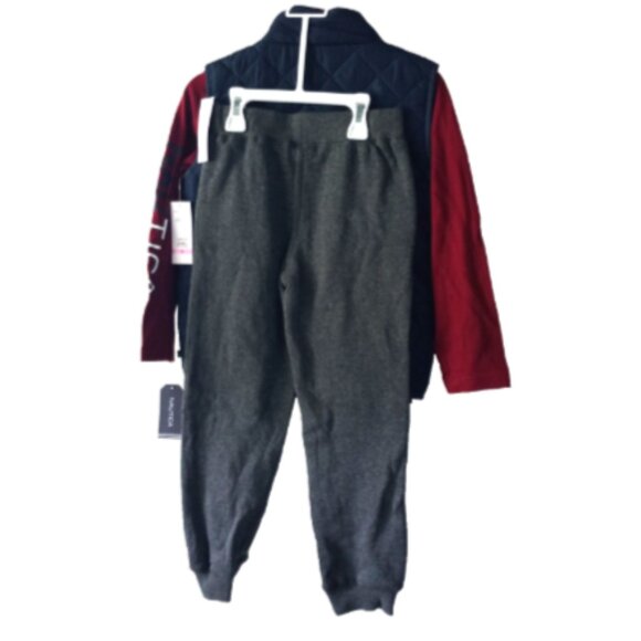 Nautica Boy 3-Pc Set Sz 6 Jogger Pants Puffer Vest Long Sleeve Tee Gray Blue Red - Picture 2 of 9